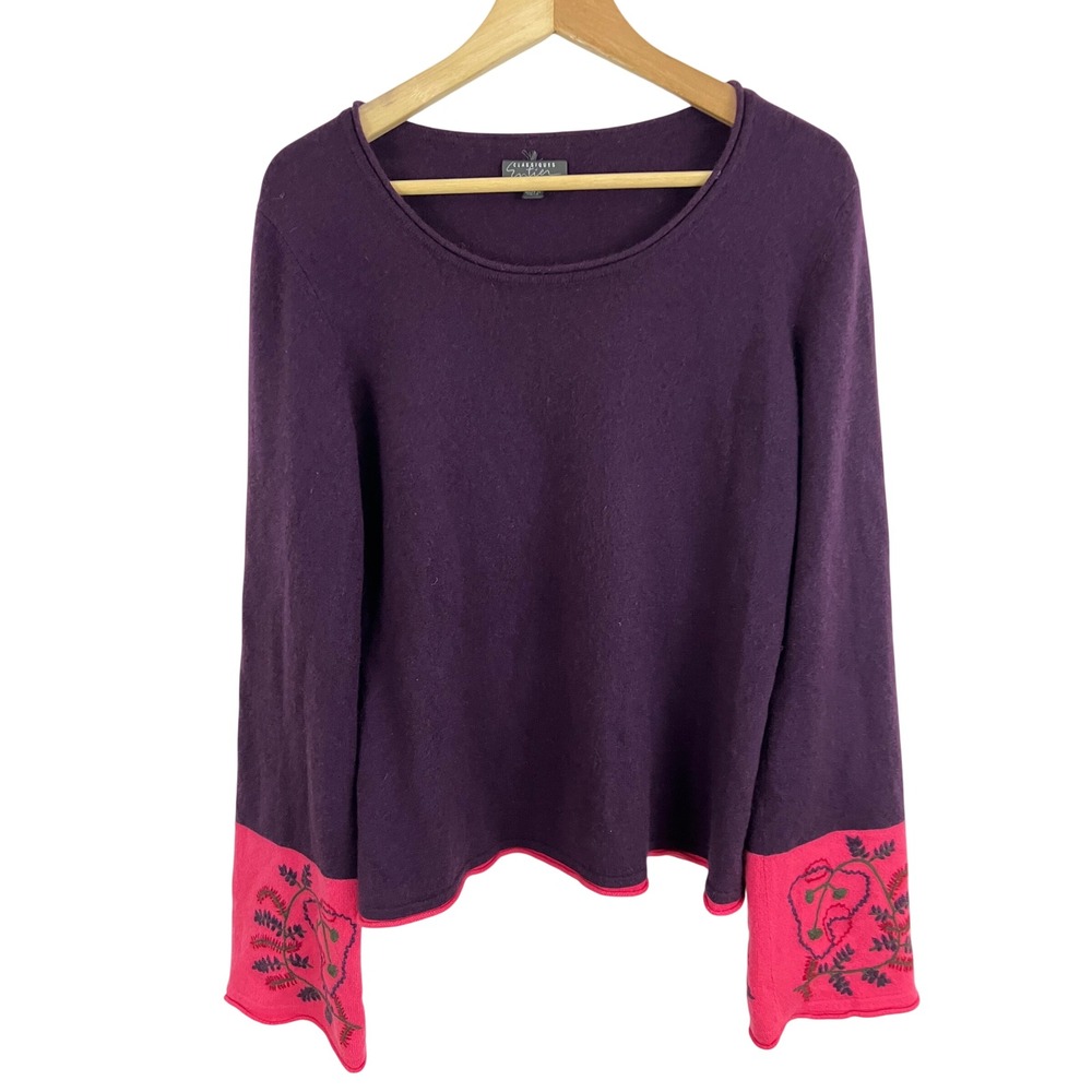 Classiques Entier Sweater Womens Large Purple Cashmere Embroidered Cuff